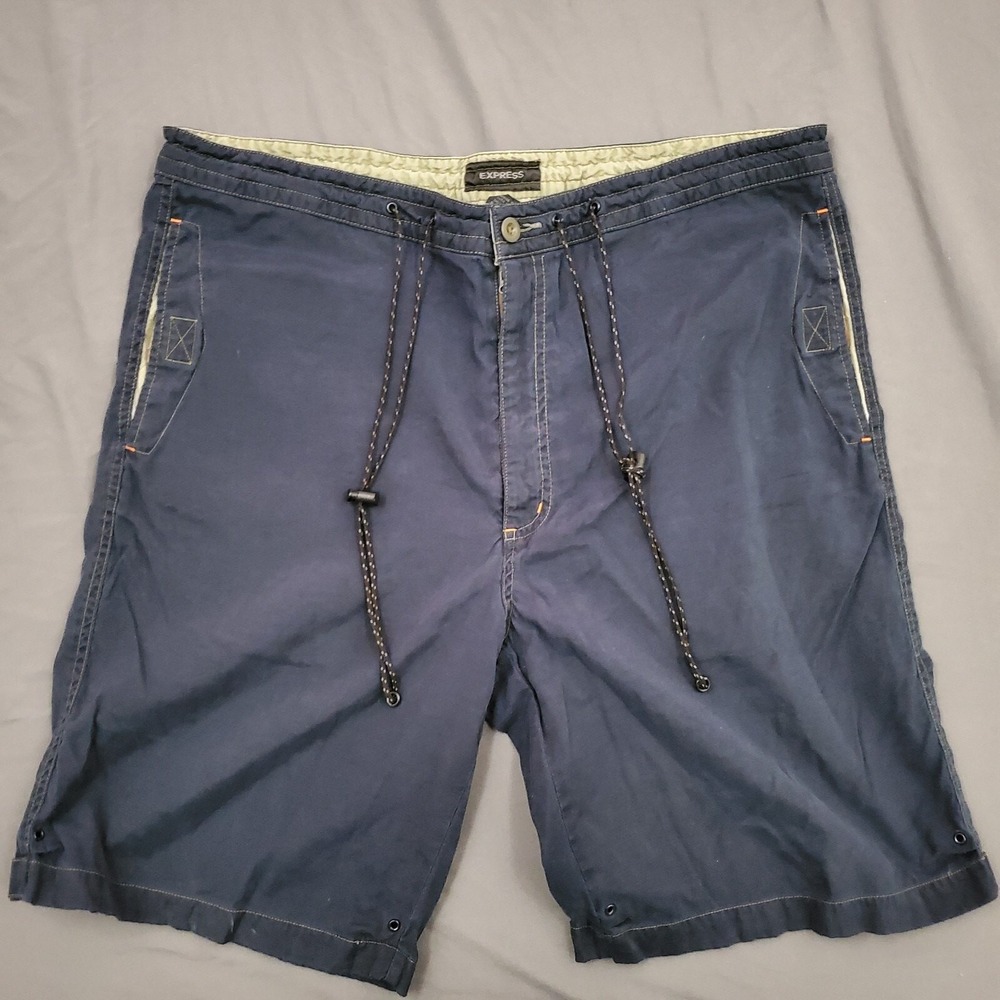 Express Mens Navy Blue Cargo Board Shorts Size Large Cotton Nylon Drawstring